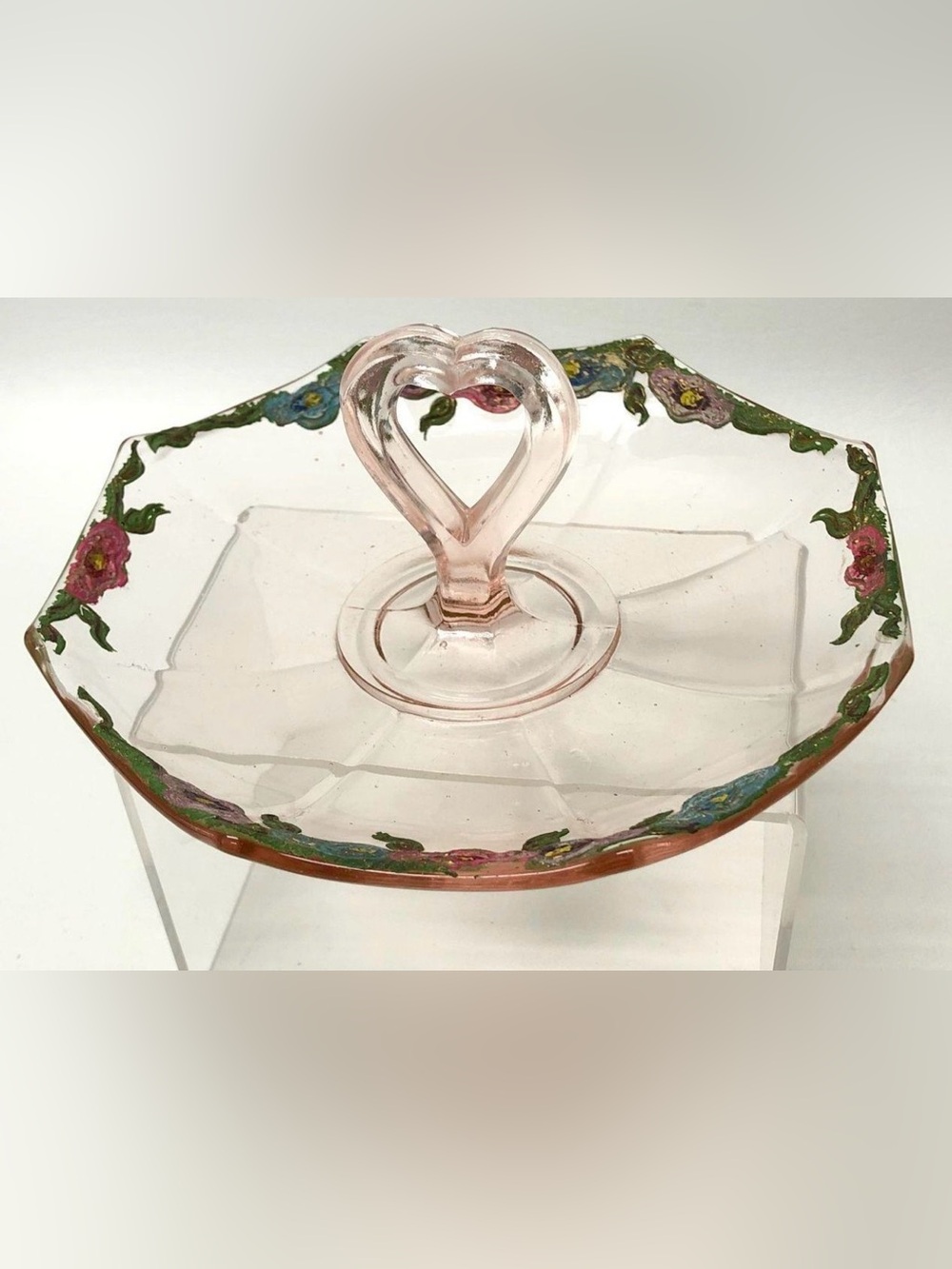 VTG PINK DEPRESSION GLASS TIDBIT HEART HANDLE TRAY 1970 Hand Painted Floral Rim